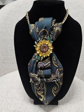 Green, Yellow & Brown Paisley Necktie Necklace w/ a Beautiful Sunflower Brooch